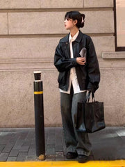 Vintage PU Leather Jacket Women High Street Techwear Oversized Moto Biker Coats BF Punk Loose Casual Cropped Outerwear voguable