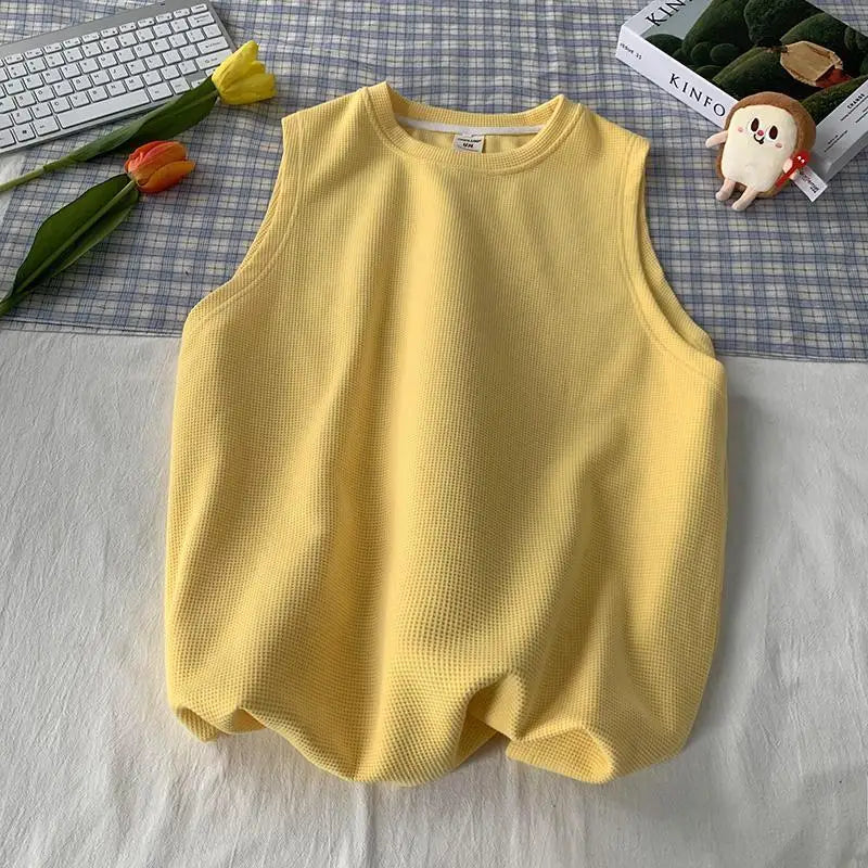 Avocado Green Waffle Vest T-shirt Men's Summer Large Size 300 Catties American Retro Inner Sleeveless Top voguable