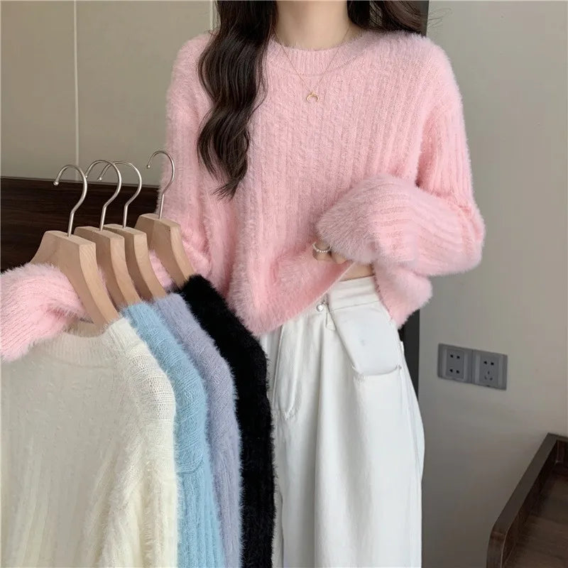Fuzzy Knit Top Women Pullover Long Sleeve Plain Crop Sweate Pink Fluffy Jumper for Women Teen-girl Fall Winter Y2K Outfit voguable
