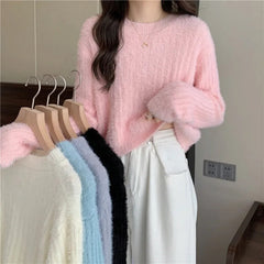 Fuzzy Knit Top Women Pullover Long Sleeve Plain Crop Sweate Pink Fluffy Jumper for Women Teen-girl Fall Winter Y2K Outfit voguable