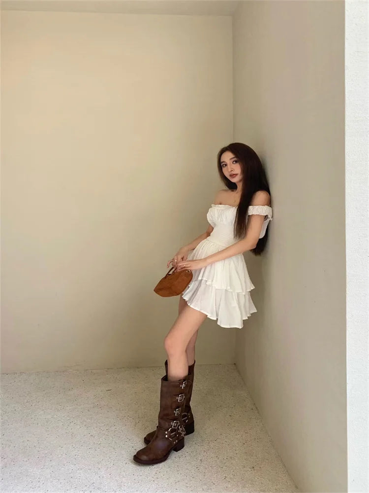 Voguable White Off Shoulder Short Sleeved Vest Dress for Women Summer Sweet Spicy Pleated Ruched Waist Boho Short Dresses Tank Dress voguable