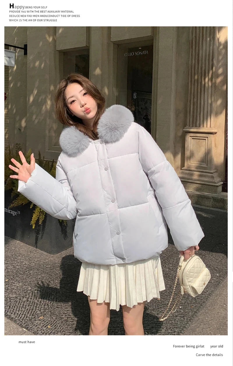 Preppy Style Sweet Parkas Women Cute Long Sleeve Vintage Faux Fox Hooded Cotton Coat Korean Winter Thick Warm New Outwear voguable
