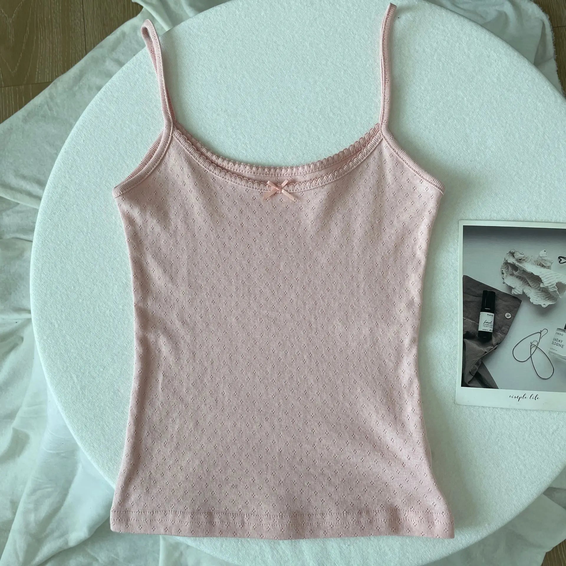Floral Eyelet Bow Cotton Crop Tops Summer Lace Trim Sleeveless Slim Tank Top Women Preppy Style Sweet Camisole Y2k Clothes voguable