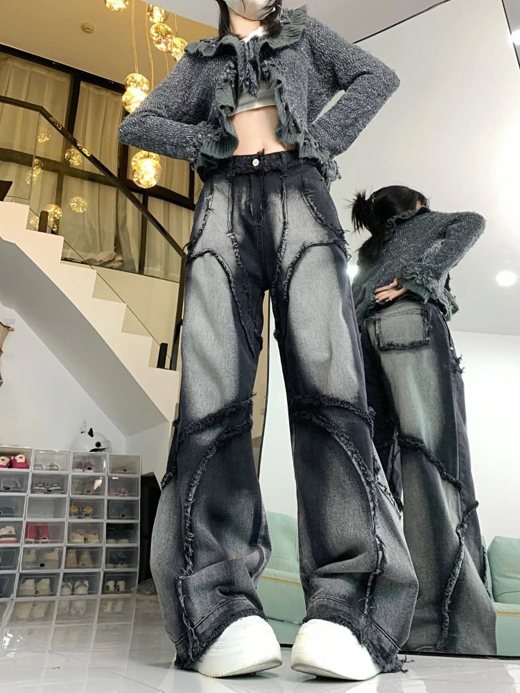 Y2k Vintage Jeans Women Wide Leg Pants High Waist Hip-hop Streetwear Black Trouser Retro Baggy Denim Pants Aesthetics voguable