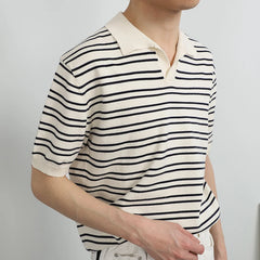 Summer Men's Clothing Light Luxury Knitted Polo Shirt Leisure Striped V-Neck Solid Color Short Sleeve Fashion Retro Knitwear voguable