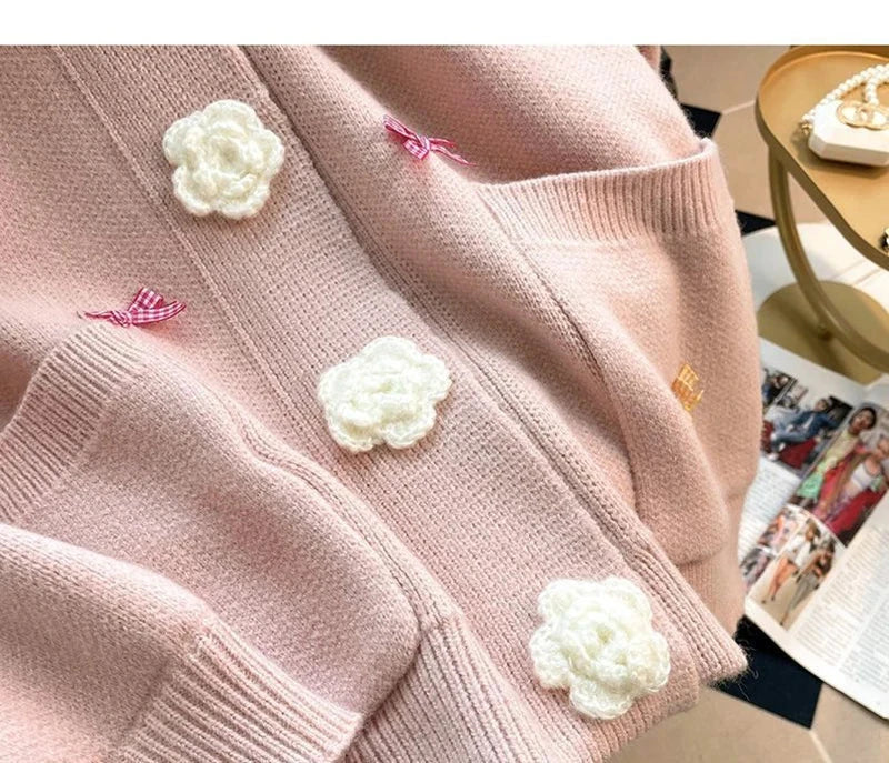 3D Floral Sweet Bow Cardigan Sweaters Women Preppy Style Loose V Neck Korean Knitted Jacket Casual Fashion Long Sleeve Fall Tops voguable