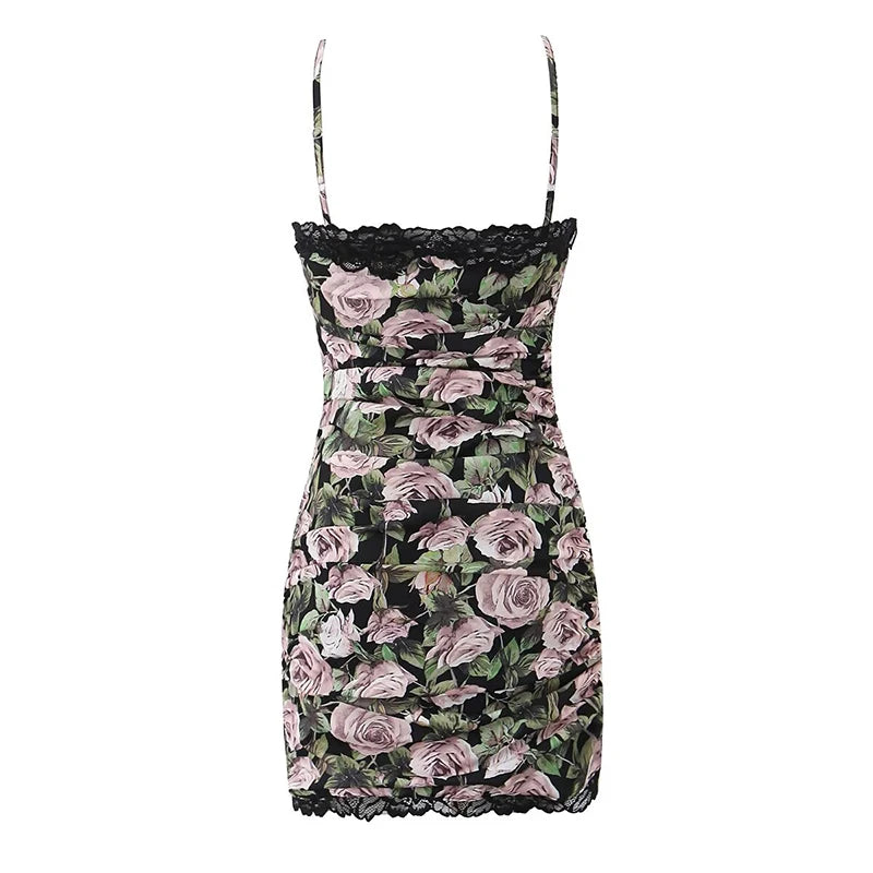 Lace Spliced Rose Flower Print Sling Bodycon Mini Dress Women Vintage Ruched Package Hip Sexy Dresses Summer Robe