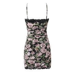 Lace Spliced Rose Flower Print Sling Bodycon Mini Dress Women Vintage Ruched Package Hip Sexy Dresses Summer Robe