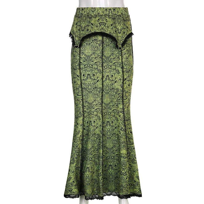 Vintage Printed Lace Trim Mermaid Skirt Grunge Fairycore Slim Mid-Waisted Long Skirts Women Spring Autumn Ladies voguable