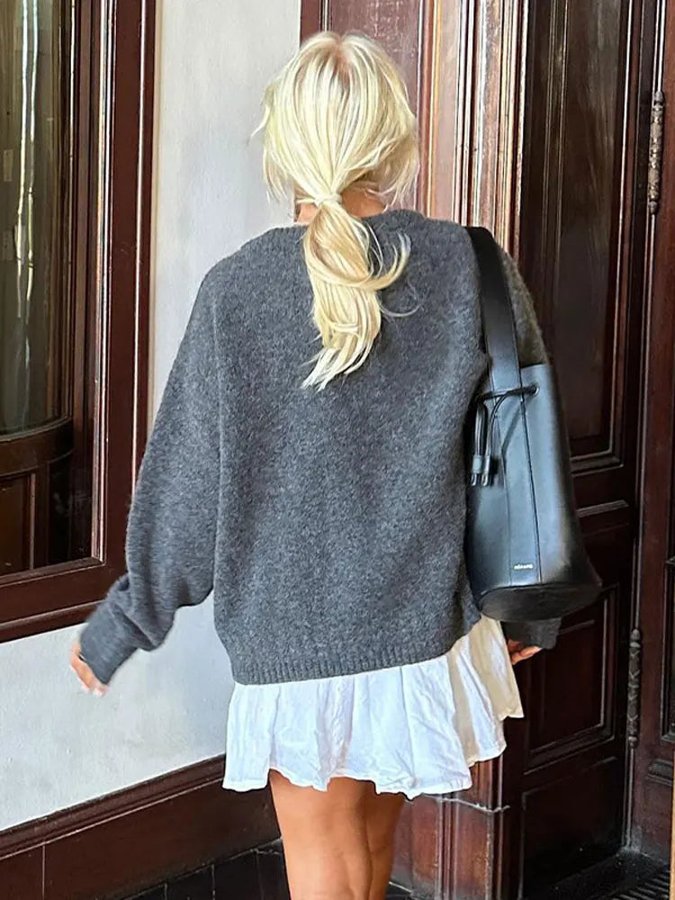Solid Knit O-neck Elegant Women Pullover Long Sleeve Oversized Loose Soft Warm Sweater  Autumn Chic Casual Office Knitwears voguable