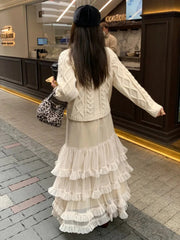 Sweet Chic Ruffle Mesh Tutu Cake Skirt Elastic Waist Beige Streetwear Long Skirt 2025 New Spring Summer A-line Fashion Skirts voguable