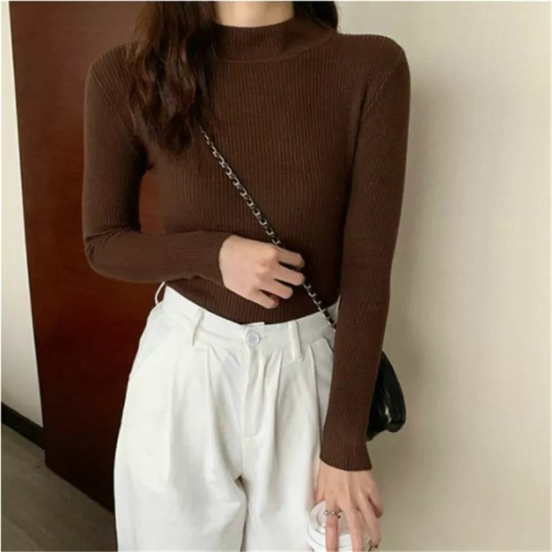 Elegant Solid Basic Knitted Tops Women Turtlneck Sweater Long Sleeve Casual Slim Pullover Korean Fashion Simple Chic Clothes voguable