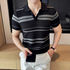 Men Polo Shirt 2024 Summer New Thin Knitted Striped Jacquard Patchwork Color Short Sleeved Casual V-neck T-shirt Men Clothing voguable
