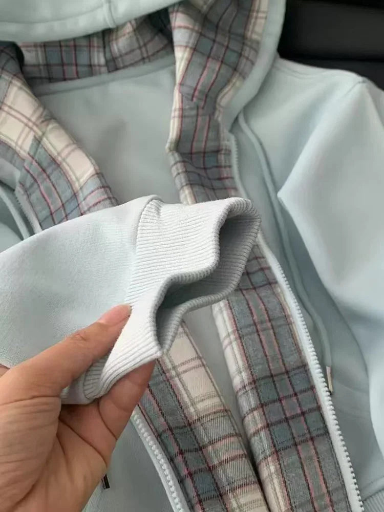 Plaid Patchwork Blue Hoodies Women Sweet Preppy Style Long Sleeve Cute Sweatshirts Loose Casual Vintage Female Korean Tops New voguable