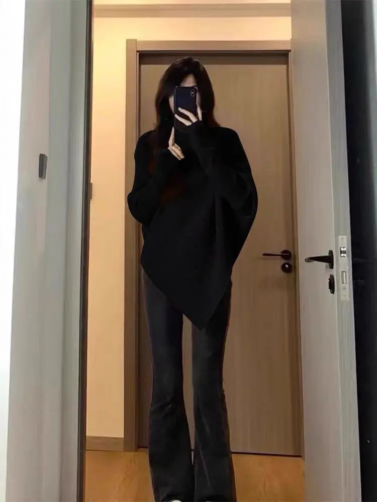 Autumn Winter New Women Sweater Korean Fashion Chic Casual Turtleneck Solid Asymmetr Loose Batwing Sleeve Pullovers Knitted Tops voguable