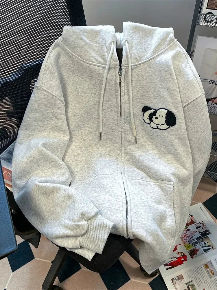 Cute Dog Cartoon Gray Hoodies Women Loose Long Sleeve Kawaii Sweatshirts Casual Vintage Preppy Style Fall Female Pockets Tops voguable