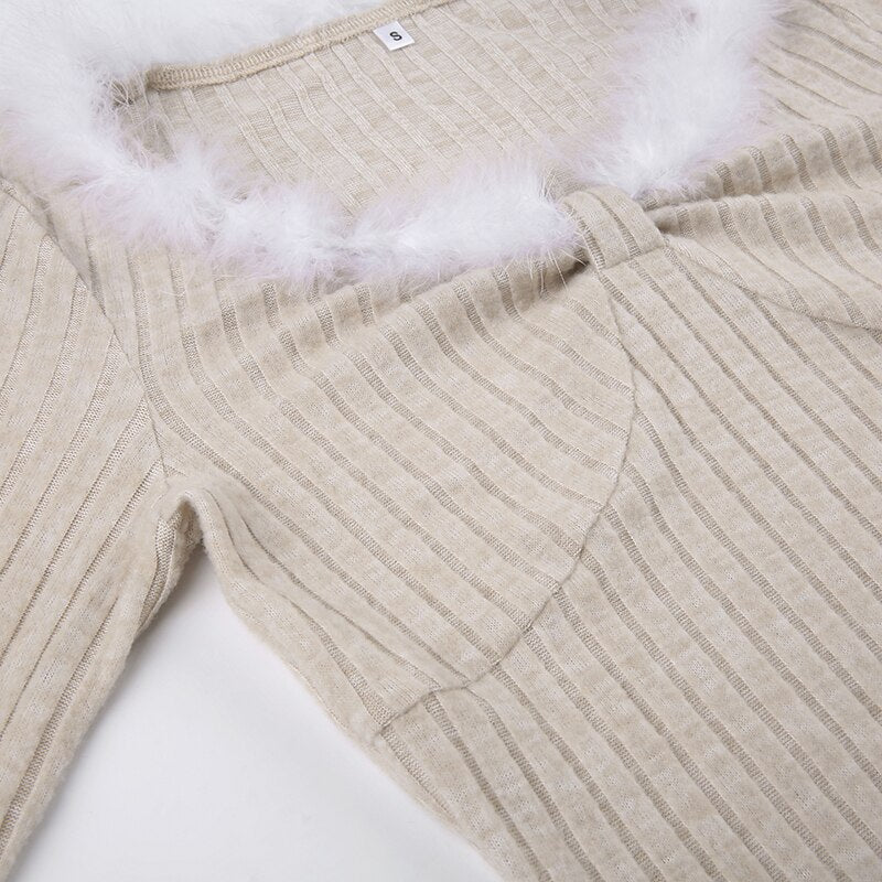 Fur Trim Knitted Slim Casual Long Dress mysite