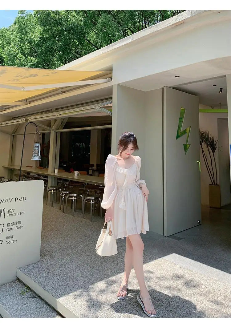 French Beige Pleated Ruffles Princess Short Dresses Women Sweet Fashion Temperament Vacation Ball Gown Party Mini Dress Backless voguable