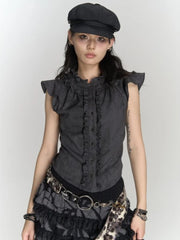 HOUZHOU Gothic Punk Vintage T Shirts Women Korean Style Harajuku Streetwear Patchwork Ruffled Sleeveless Slim Tees Top 2024 Chic voguable