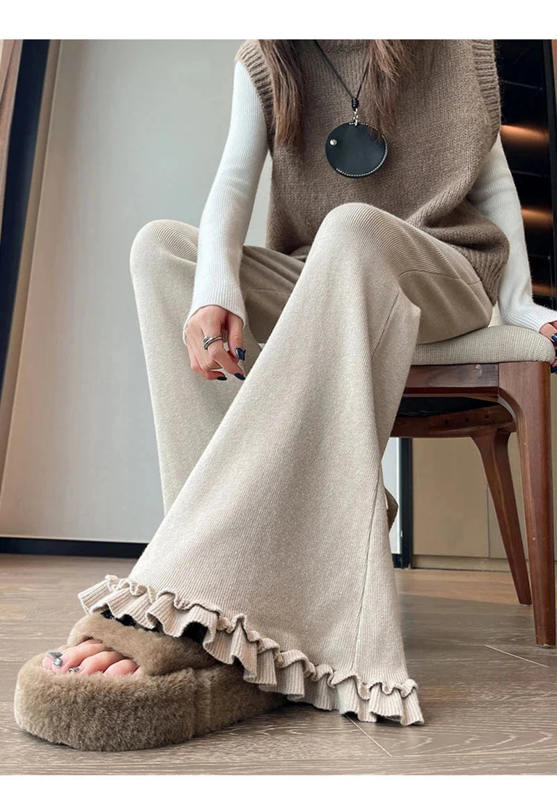 Ruffles Knitted Flare Pant Women High Waist Fashion Loose Fall Winter Trousers Korean Chic Elegant Lady Sweet Solid Pants voguable