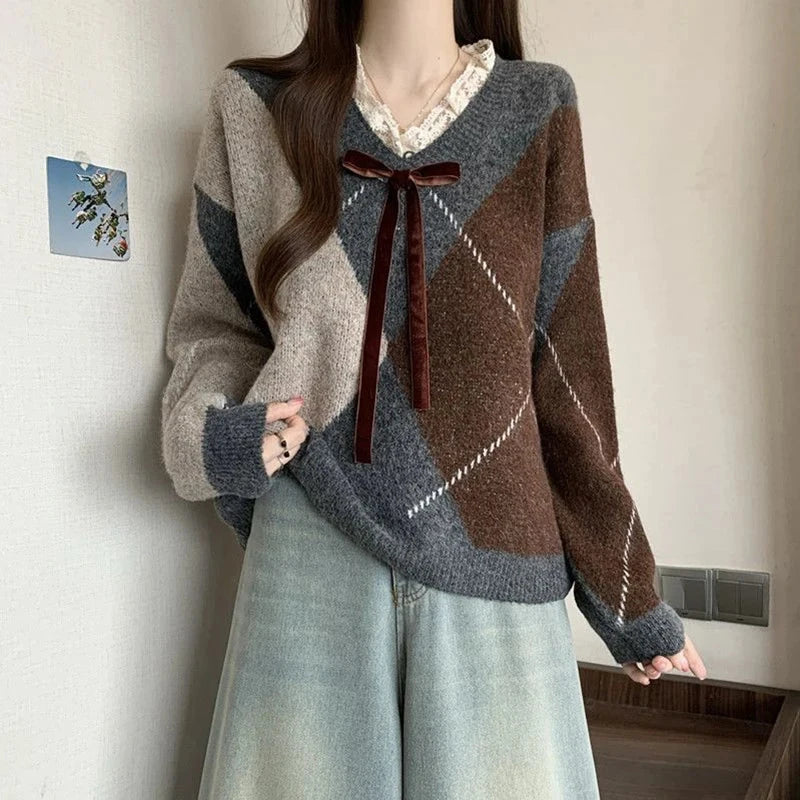 Sweet Bow Argyle Sweaters Women Retro Preppy Style Loose Knitted Pullover Lace Patchwork Long Sleeve Female Vintage Jumpers Fall voguable