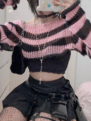 Voguable  Pink Contrast-paneled Crop Smock Top Y2K Aesthetic Cute Knitted Long Sleeve Pullover for Women Sweater Vintage Clothes voguable