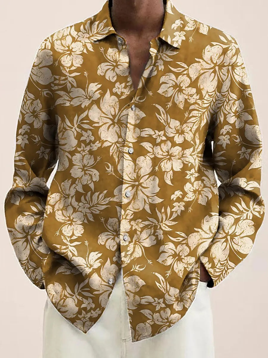 Mens Red Floral Print Long Sleeve Shirt Fashion Design Luxury Long Sleeve Tops Mens Four Seasons Button Lapel Shirt voguable