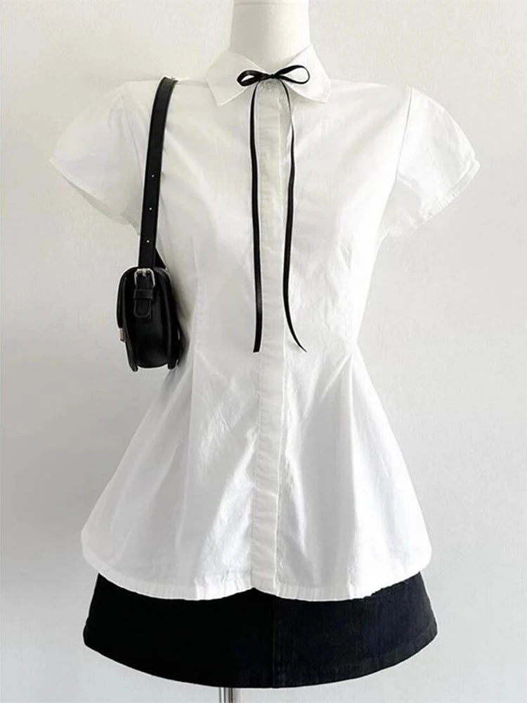 Elegant Bow Women Shirts Summer Short Sleeve White Preppy Style Blouse Tunic Bandage Simple Solid Korean Ladies Tops New voguable