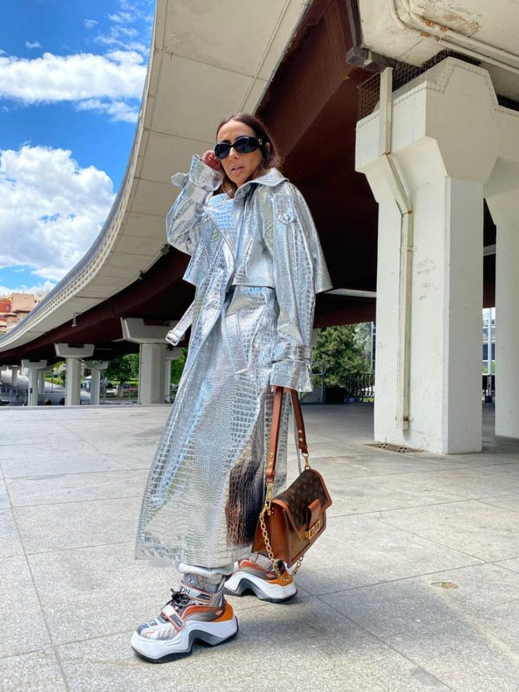 Long Silver Snake Skin Trench Coats Women Fashion Slim Belt On Waist Fake Leather Jackets For Women Winter Autumn Coats voguable