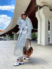 Long Silver Snake Skin Trench Coats Women Fashion Slim Belt On Waist Fake Leather Jackets For Women Winter Autumn Coats voguable