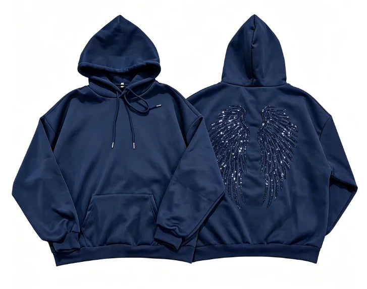 Voguable  Oversized Sequin Angel Wings Hoodie Women Men Dark Blue Streetwear Sweatshirt Y2K Gothic Hip Hop Hooded Pullover voguable