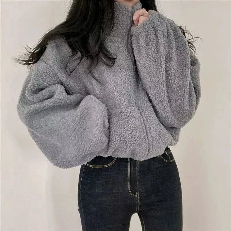 Artificial Lamb Wool Crop Jacket Women Autumn Winter Thick Warm Plush Coat Female Fashion Zipper Stand Collar Casual Outerwear voguable