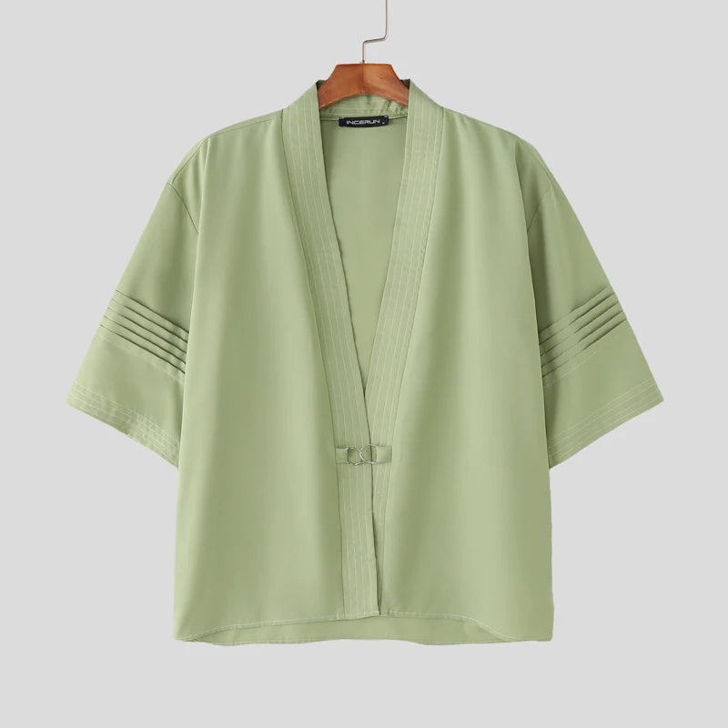Men Shirt Solid Color V Neck Half Sleeve Casual Cardigan Men 2025 Oversize Pleated Fashion Male Tops Shirts Streetwear voguable