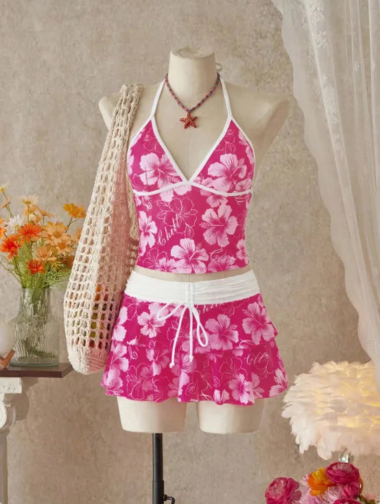 Voguable  Women Floral 3 Piece Tankini Set Halter Neck Tank Top Bikini Brief Drawstring Tiered Ruffle Swim Skirt Tropical Beach Swimwear voguable