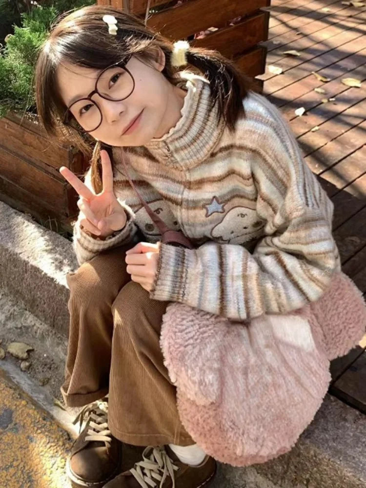 Y2k Aesthetic Japanese Knit Cardigan Kawaii Dog Embroidery Harajuku  Femme Striped Preppy Autumn Zipper y Womens voguable