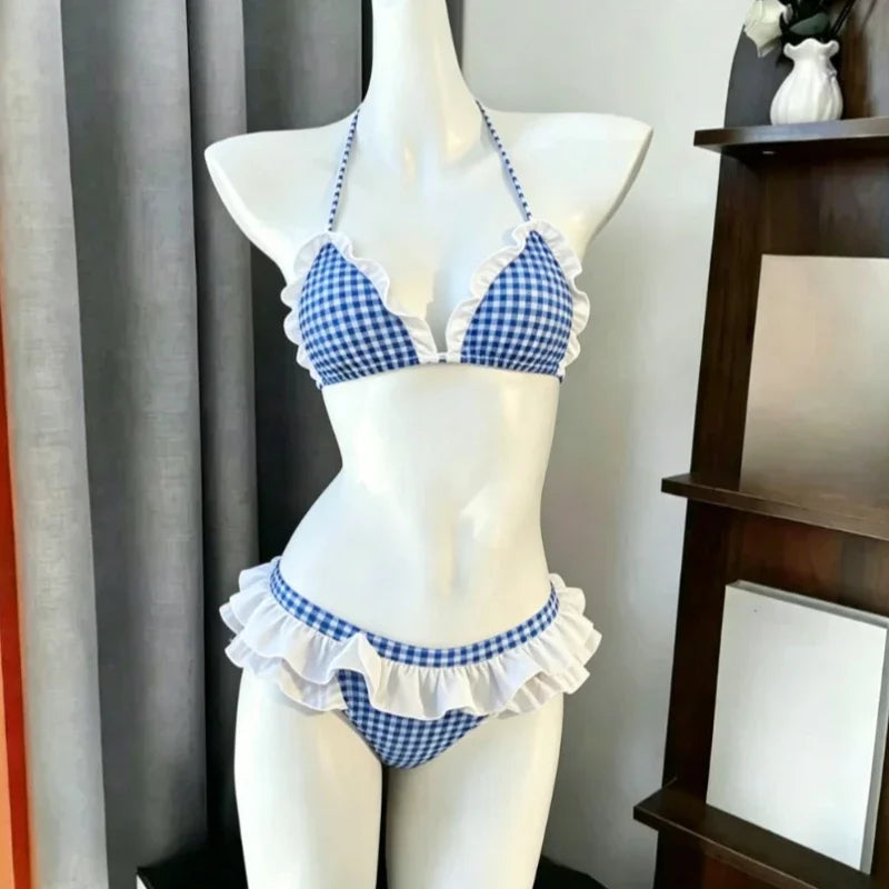 Voguable  Japanese Style Kawaii Girls Swimsuit Sweet Printed Halter Bikini Swimsuit Women Ruffle Bikini Set Bather Bathing Suit Swim voguable