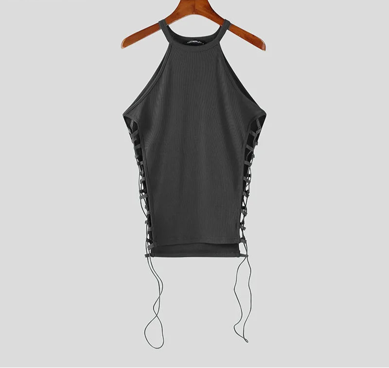 Fashion Men Tank Tops Solid Color Drawstring Hollow Out Sexy Male Vests Summer Streetwear 2025 Skinny Men Clothing S-3XL voguable