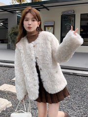 Winter Chic Faux Lamb Coat Women Korean Long Sleeve O Neck Fashion Jacket Sweet Warm Female Elegant All Match Solid Outwear Tops voguable
