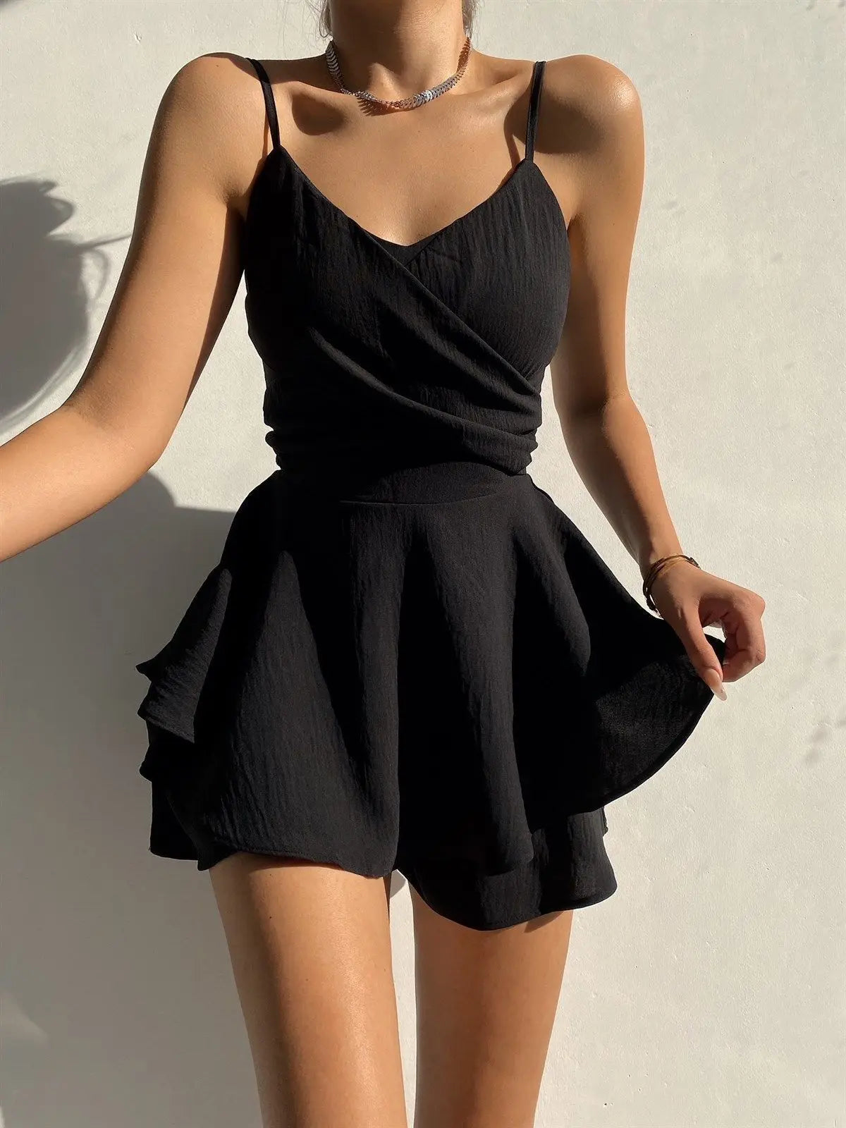 Voguable  Slim Suspender Strap Sexy Dresses Y2k Solid Ruffles Rompers Summer Casual Threaded Slip Playsuits Female Elegant Clothes voguable