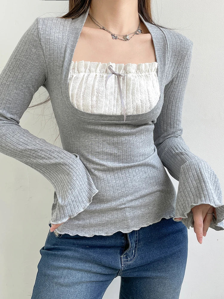 Voguable  y2k Lace Patchwork Fake Two Piece T-shirt Fairycore Flare Long Sleeve Tops Spring Casual Kawaii Clothes Korean Shirt voguable