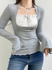 Voguable  y2k Lace Patchwork Fake Two Piece T-shirt Fairycore Flare Long Sleeve Tops Spring Casual Kawaii Clothes Korean Shirt voguable