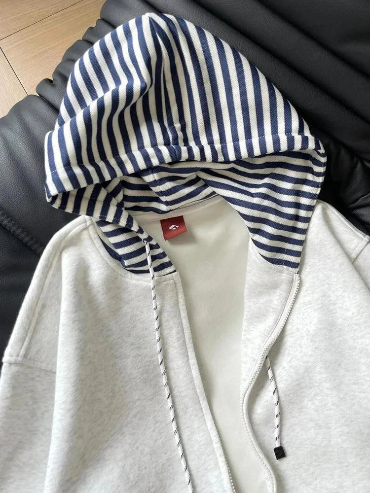 Striped Patchwork Vintage Hoodies Women Loose Harajuku Long Sleeve Retro Sweatshirts Casual American Streetwear Pockets Bf Tops voguable