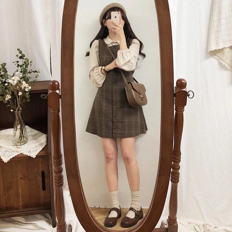 Voguable  Cute Mini New Year Date Dresses Sleeveless Vest Women Korea Japanese Style Design Retro Vintage Plaid Button Shirt Dress voguable
