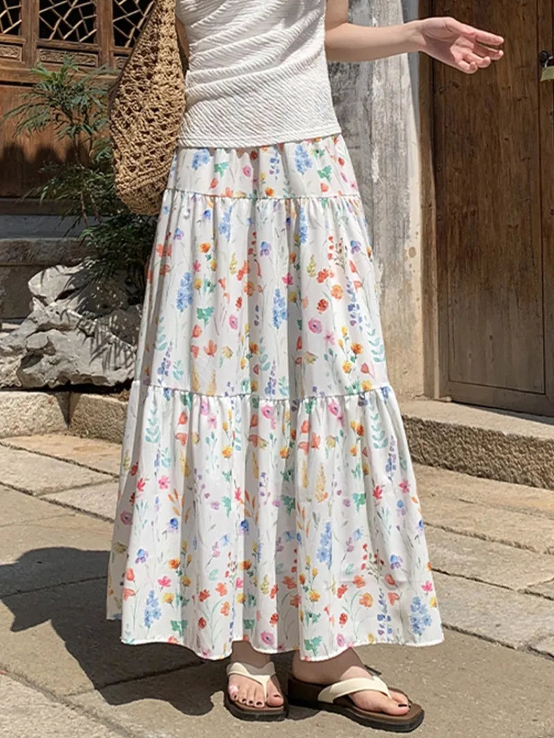 Voguable  Sweet Floral A-line Long Skirt for Woman Summer Elegant High Waisted Ruffle Hem Skirts Women All Match Spliceing Midi Cake Skirt voguable