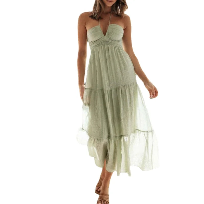 Voguable  Women's Summer Chiffon Halter V Neck Sleeveless Floral Flowy A Line Maxi Dress Boho Backless Tiered Swing Long Beach Dresses voguable