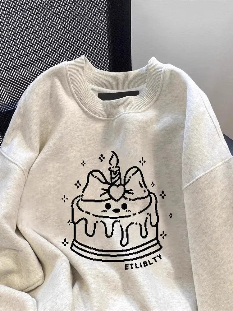 Cute Cake Print Sweatshirt Women Long Sleeve Loose Japan Kawaii Pullovers Fall Preppy Style O Neck Vintage Casual Sweet New Tops voguable