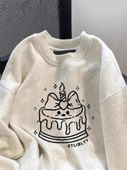 Cute Cake Print Sweatshirt Women Long Sleeve Loose Japan Kawaii Pullovers Fall Preppy Style O Neck Vintage Casual Sweet New Tops voguable