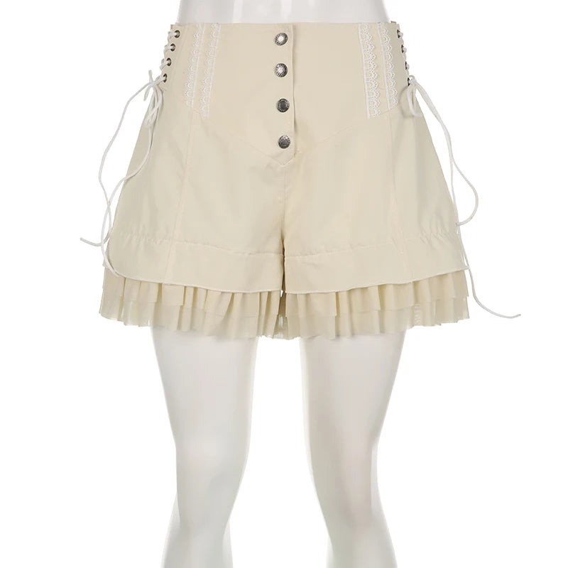 Voguable  Sweet Mesh Tiered Ruffle Shorts Skirts Khaki Wide Form Side Bandage Cute Hot Pants Lolita Style Soft Girls Shorts Y2K voguable