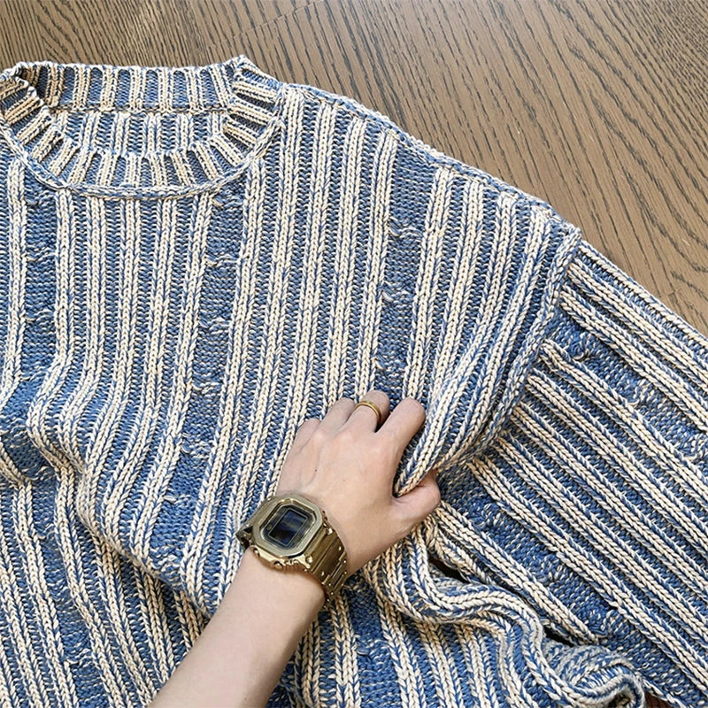 Voguable  Fashionable Striped Knitting Sweaters Men Autumn Streetwear Y2K Loose O Neck Long Sleeve Knit T-shirts Mens Vintage Sweater Tops voguable