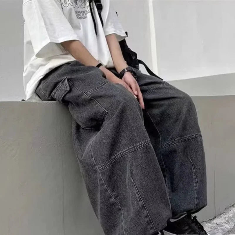 2024 Spring Autumn Men Baggy Jeans Men Wide Leg Pants Big Pockets Elastic Waist Streetwear Trousers Male Loose Denim Pants voguable